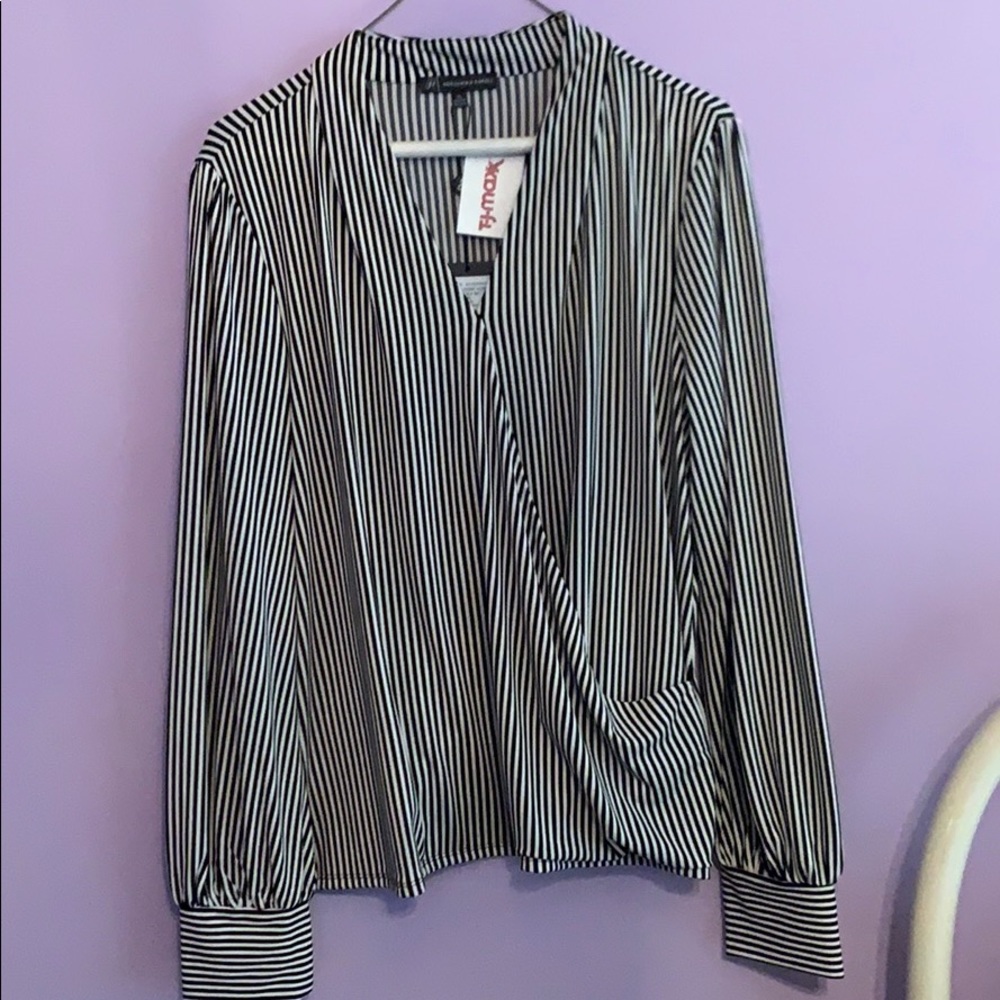 Pin striped, wrap around, long sleeved, blouse